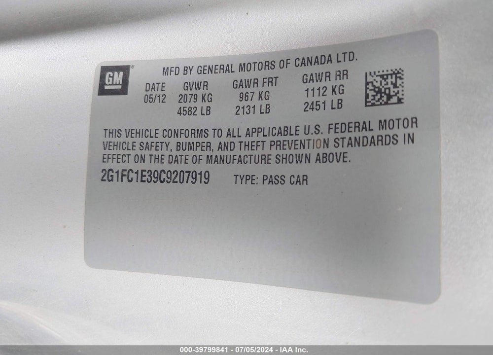 2012 CHEVROLET CAMARO 2LT VIN: 2G1FC1E39C9207919
