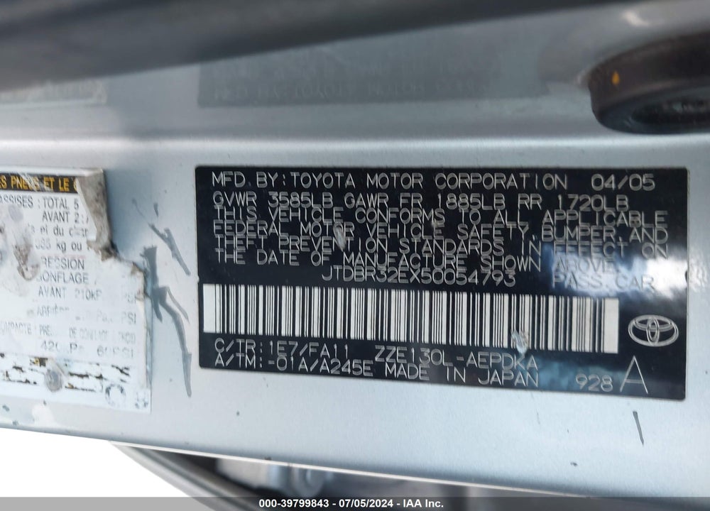 2005 TOYOTA COROLLA CE VIN: JTDBR32EX50054793