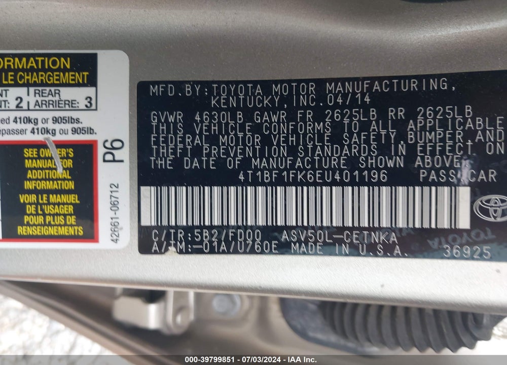 2014 TOYOTA CAMRY LE VIN: 4T1BF1FK6EU401196