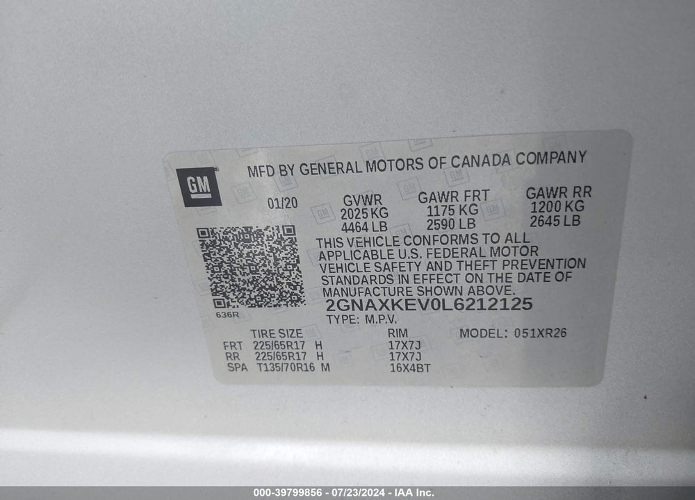 2020 CHEVROLET EQUINOX FWD LT 1.5L TURBO VIN: 2GNAXKEV0L6212125