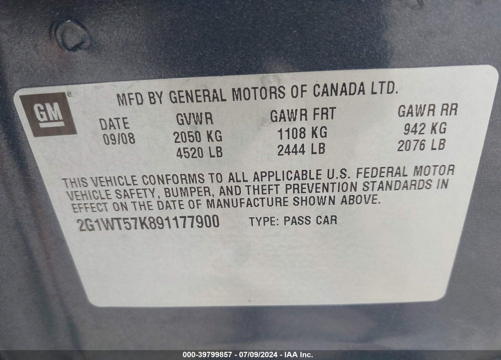2009 CHEVROLET IMPALA LT VIN: 2G1WT57K891177900