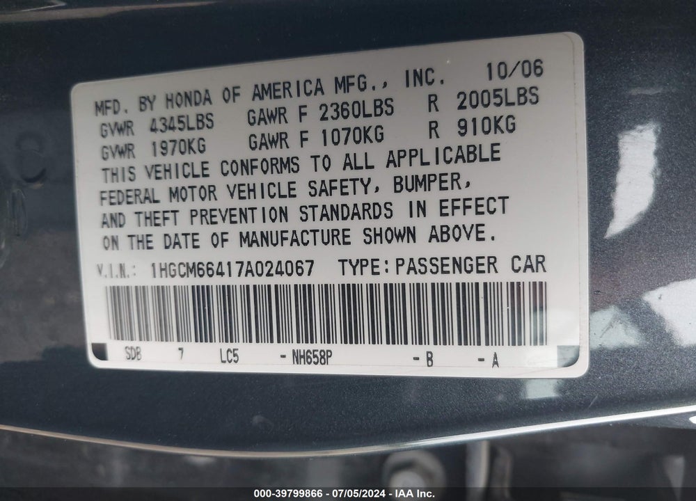 2007 HONDA ACCORD 3.0 SE VIN: 1HGCM66417A024067