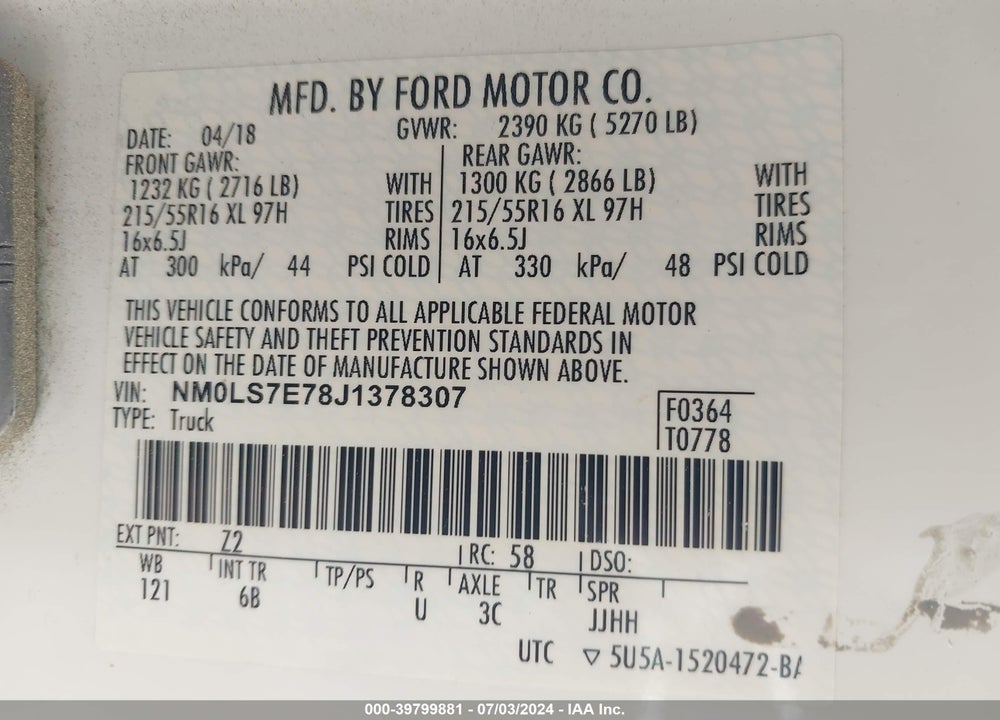 2018 FORD TRANSIT CONNECT XL VIN: NM0LS7E78J1378307