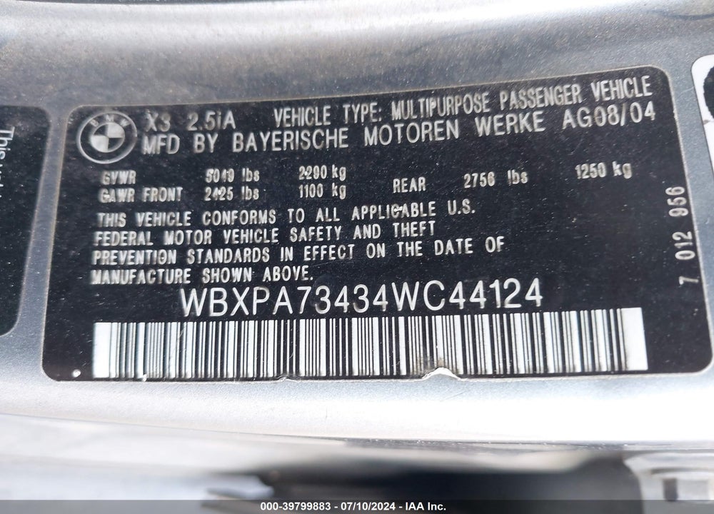 2004 BMW X3 2.5I VIN: WBXPA73434WC44124