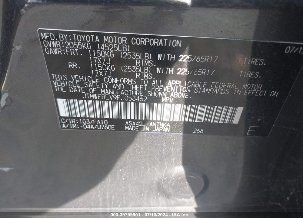 2015 TOYOTA RAV4 XLE VIN: JTMWFREV9FJ053462