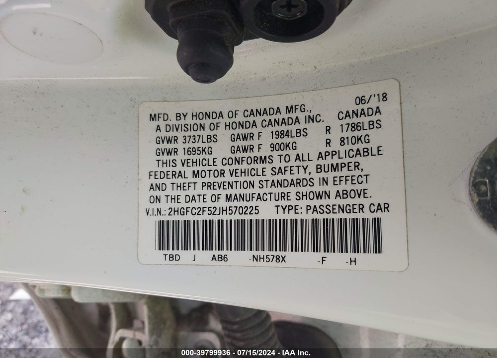 2018 HONDA CIVIC LX VIN: 2HGFC2F52JH570225