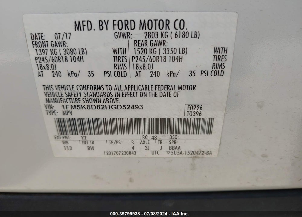 2017 FORD EXPLORER XLT VIN: 1FM5K8D82HGD52493