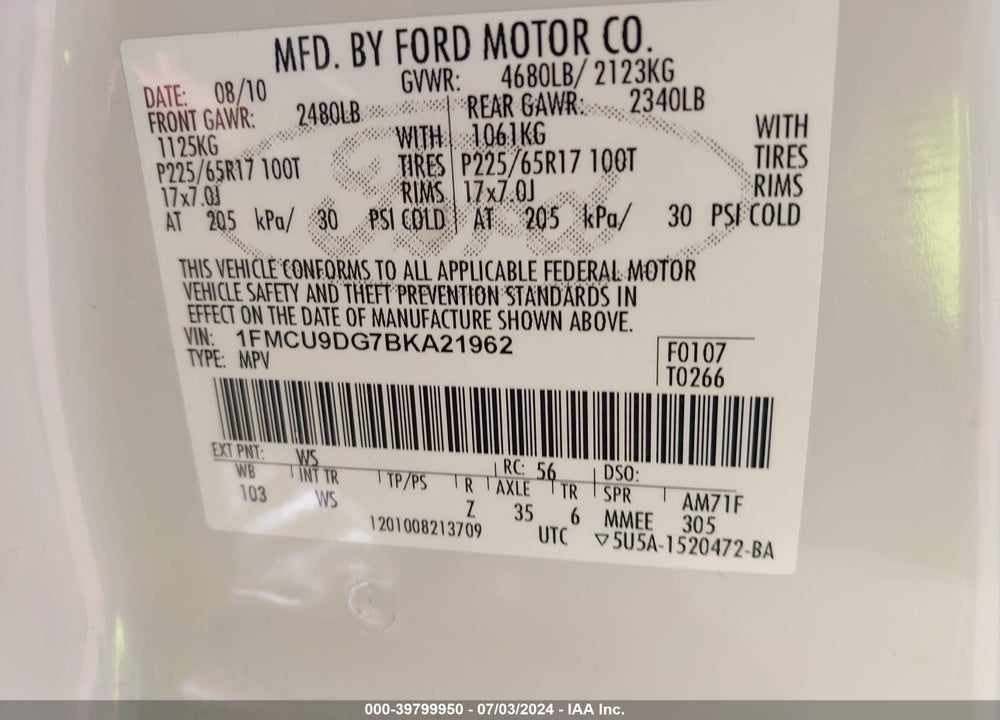 2011 FORD ESCAPE XLT VIN: 1FMCU9DG7BKA21962