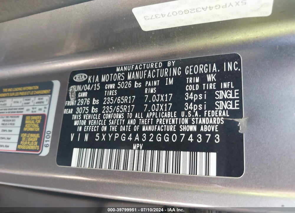 2016 KIA SORENTO VIN: 5XYPG4A32GG074373