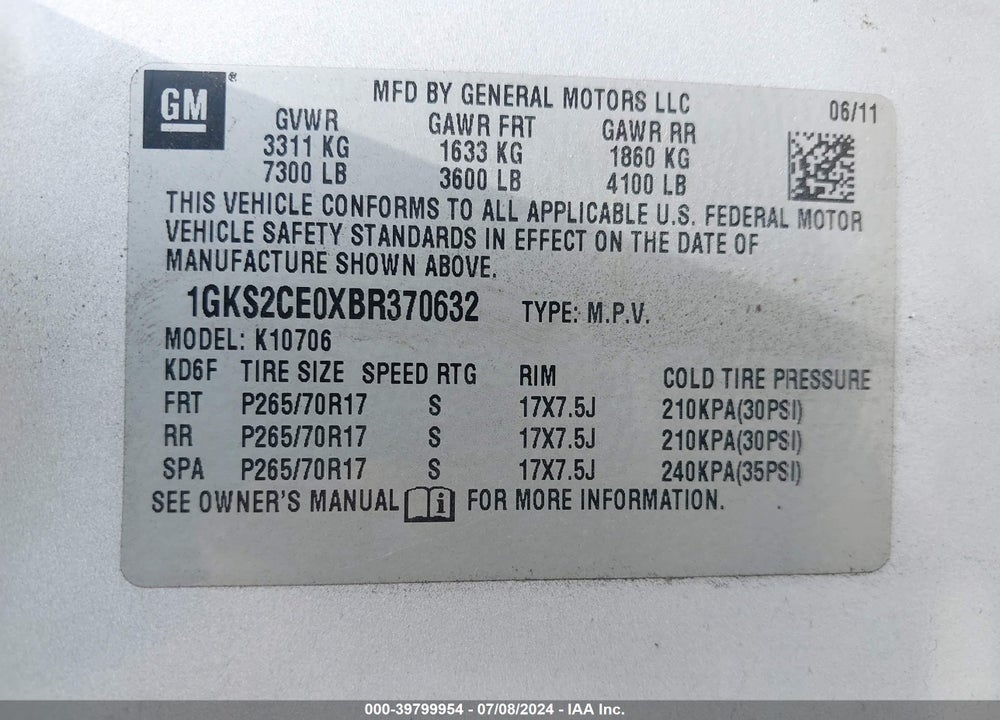 2011 GMC YUKON SLT VIN: 1GKS2CE0XBR370632