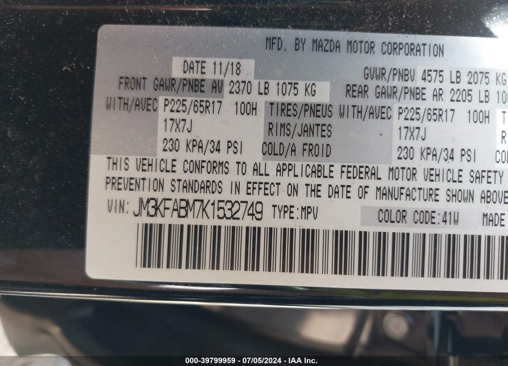 2019 MAZDA CX-5 SPORT VIN: JM3KFABM7K1532749