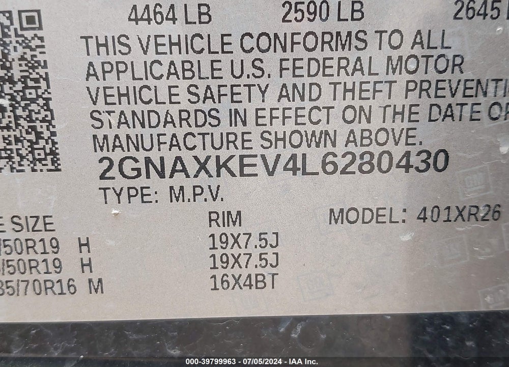 2020 CHEVROLET EQUINOX FWD LT 1.5L TURBO VIN: 2GNAXKEV4L6280430