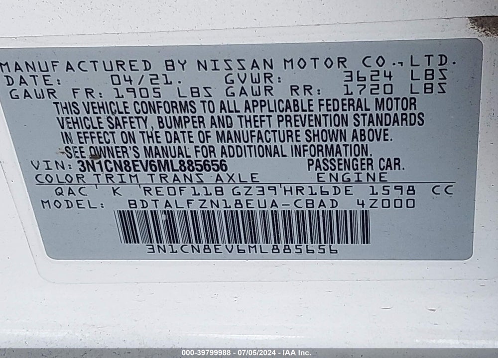 2021 NISSAN VERSA SV XTRONIC CVT VIN: 3N1CN8EV6ML885656