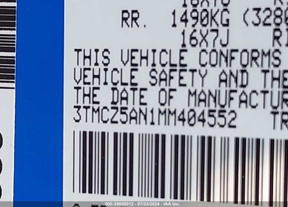 2021 TOYOTA TACOMA TRD OFF ROAD VIN: 3TMCZ5AN1MM404552