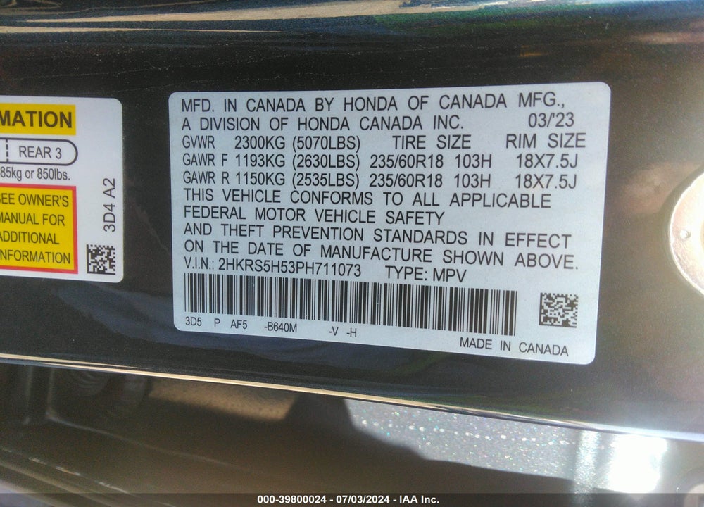 2023 HONDA CR-V HYBRID SPORT VIN: 2HKRS5H53PH711073