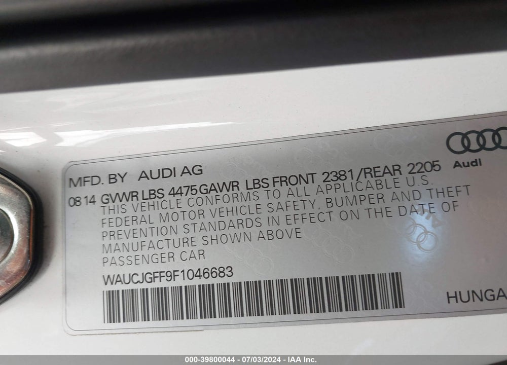 2015 AUDI A3 2.0 TDI PREMIUM VIN: WAUCJGFF9F1046683