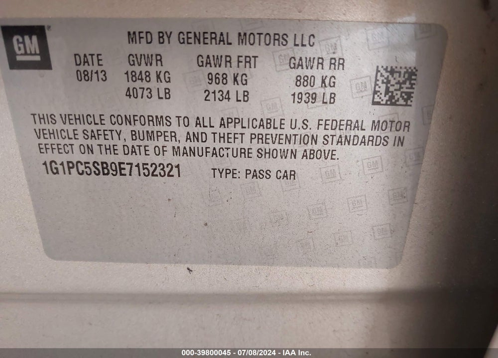 2014 CHEVROLET CRUZE 1LT AUTO VIN: 1G1PC5SB9E7152321