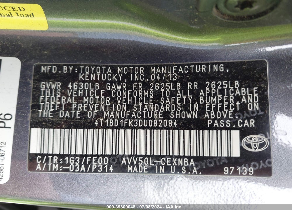 2013 TOYOTA CAMRY HYBRID LE VIN: 4T1BD1FK3DU082084