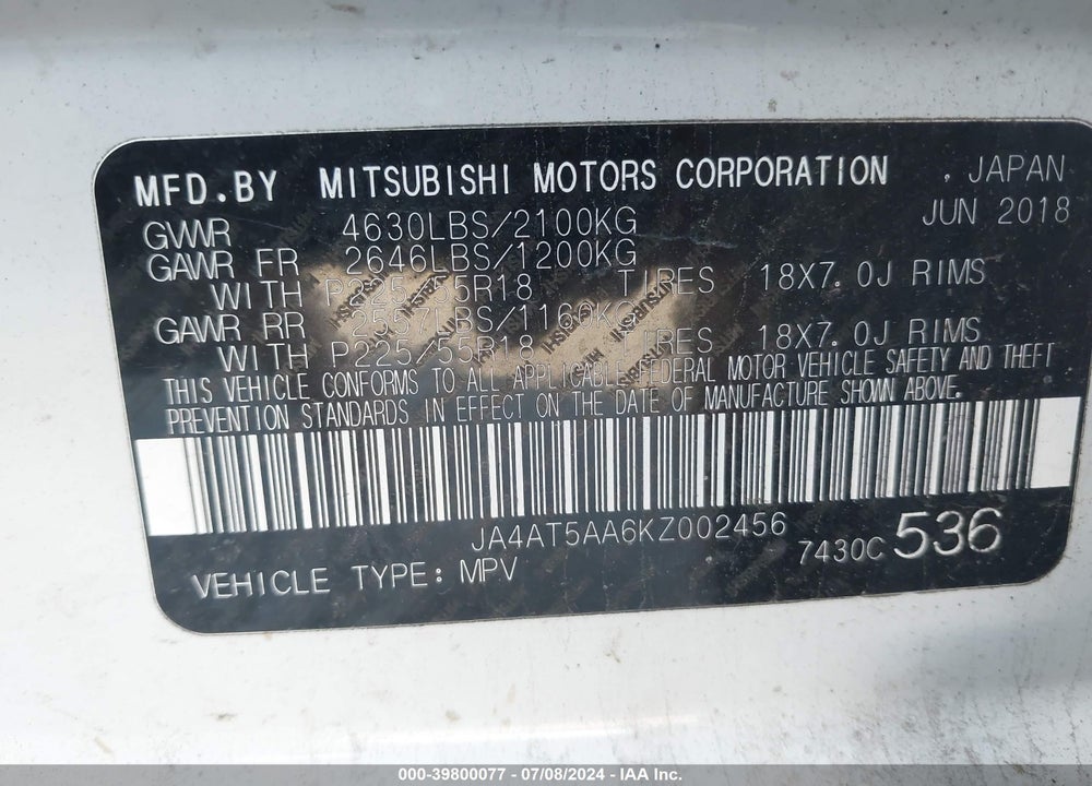 2019 MITSUBISHI ECLIPSE CROSS SE VIN: JA4AT5AA6KZ002456