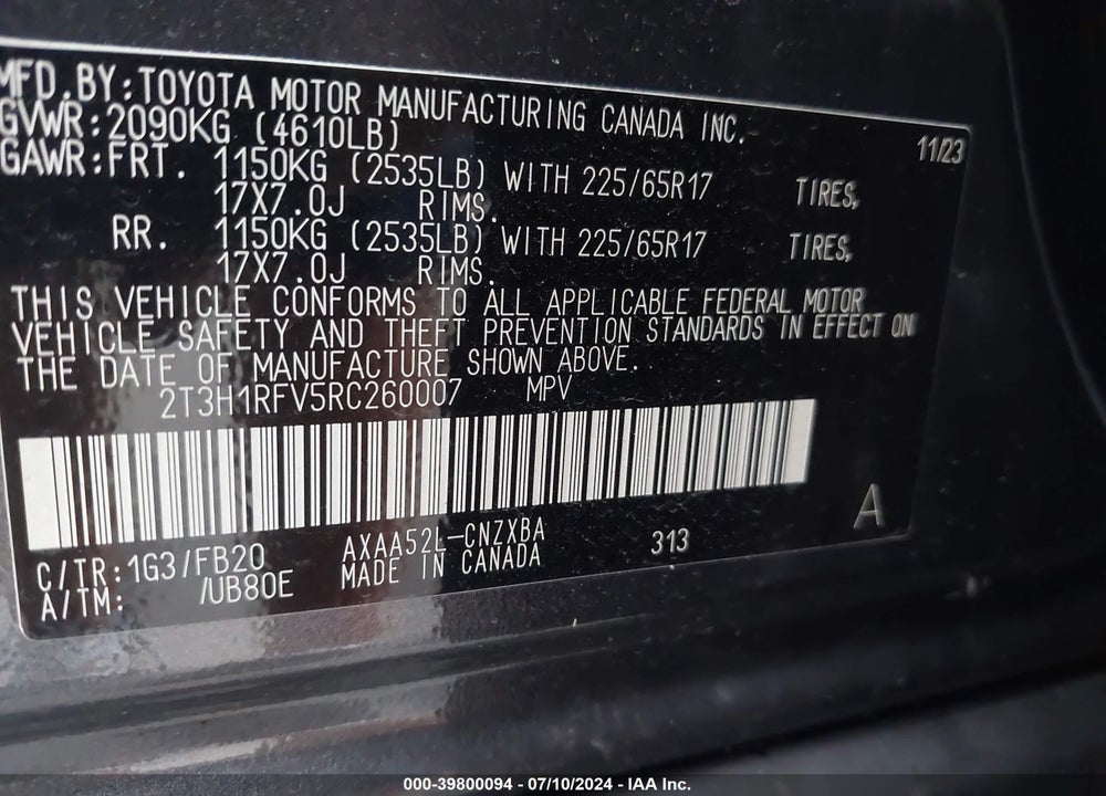 2024 TOYOTA RAV4 LE VIN: 2T3H1RFV5RC260007