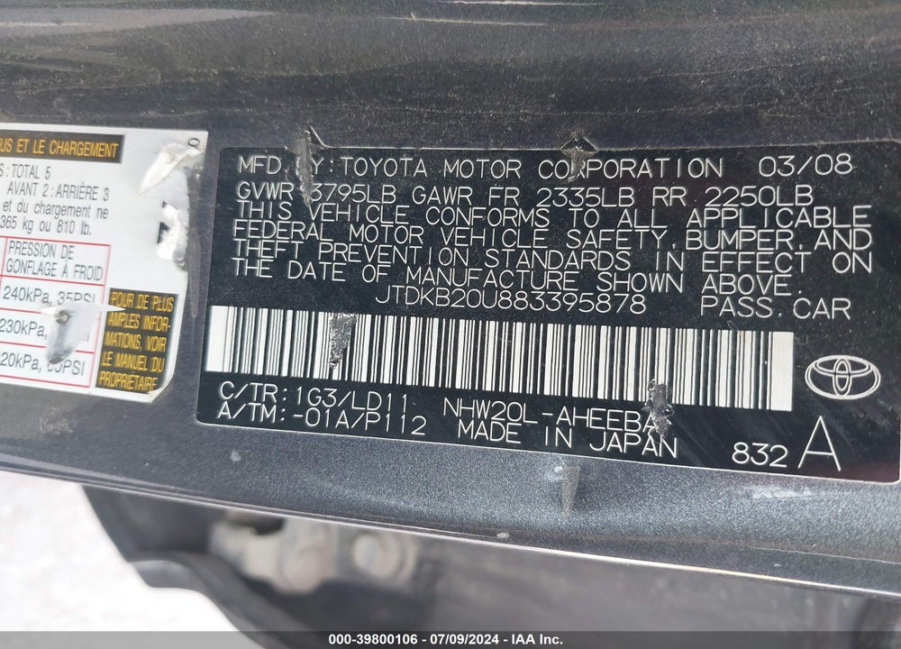 2008 TOYOTA PRIUS VIN: JTDKB20U883395878