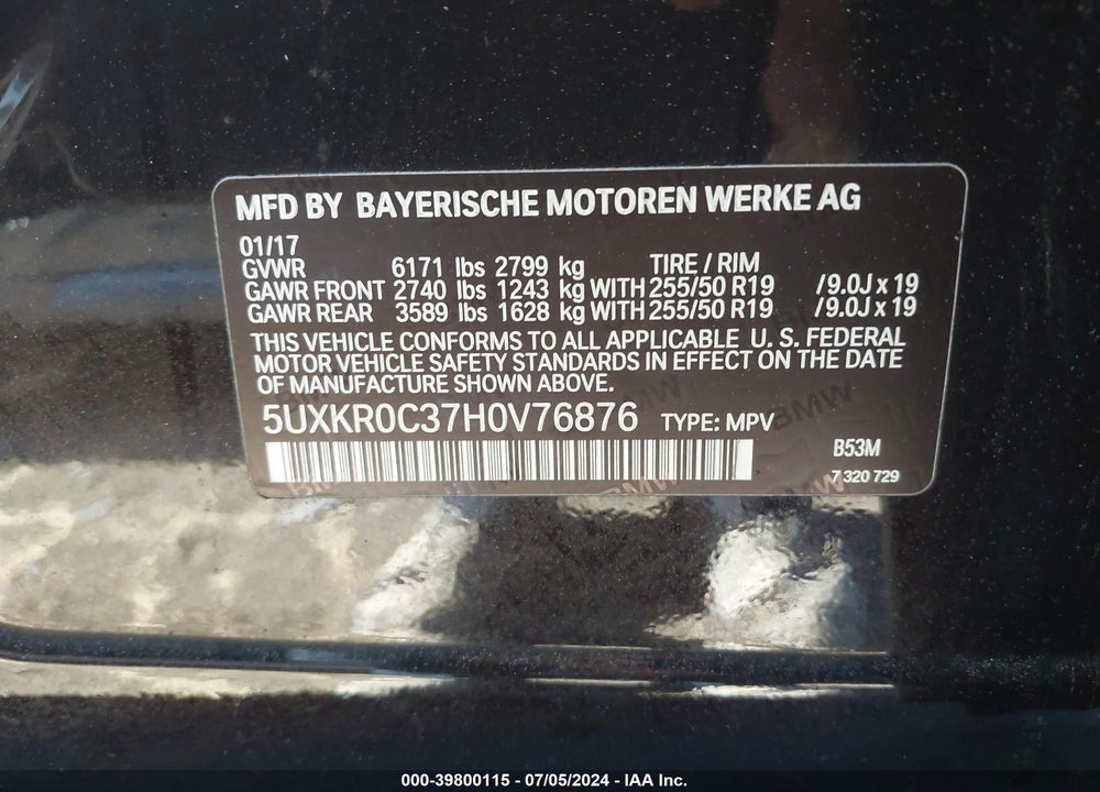 2017 BMW X5 XDRIVE35I VIN: 5UXKR0C37H0V76876