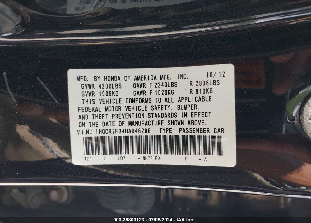 2013 HONDA ACCORD LX VIN: 1HGCR2F34DA046206