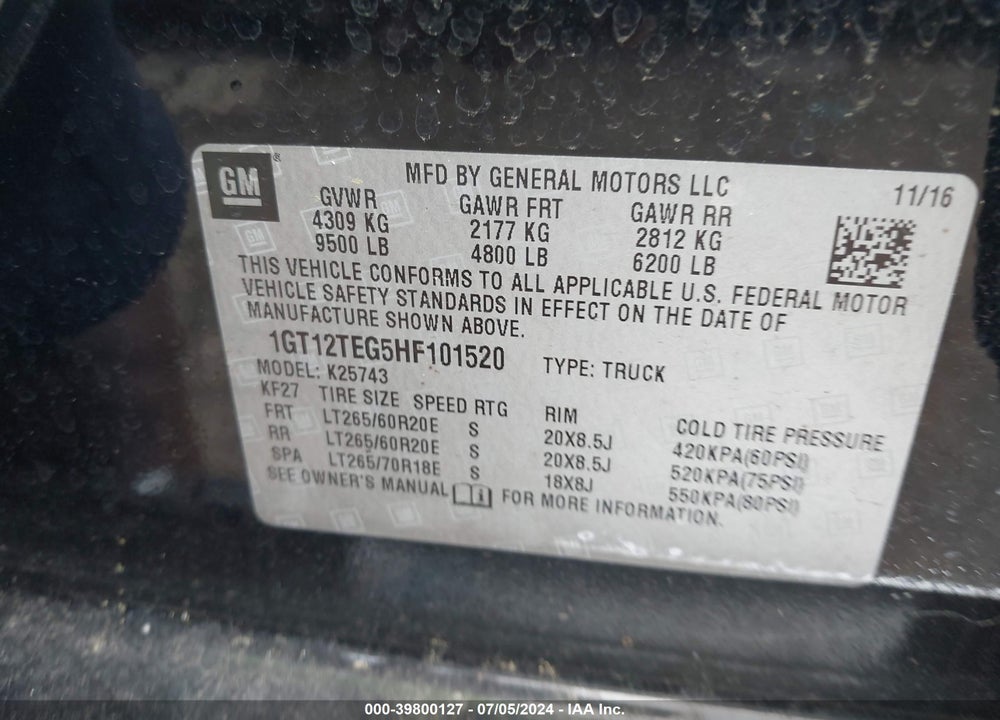 2017 GMC SIERRA 2500HD SLT VIN: 1GT12TEG5HF101520