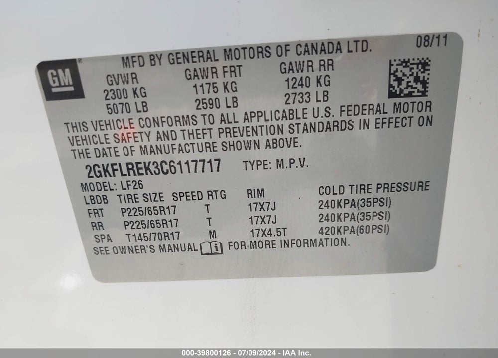 2012 GMC TERRAIN SLE-1 VIN: 2GKFLREK3C6117717