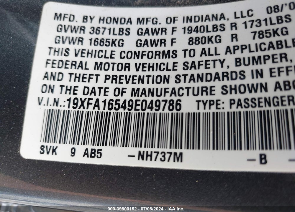 2009 HONDA CIVIC LX VIN: 19XFA16549E049786