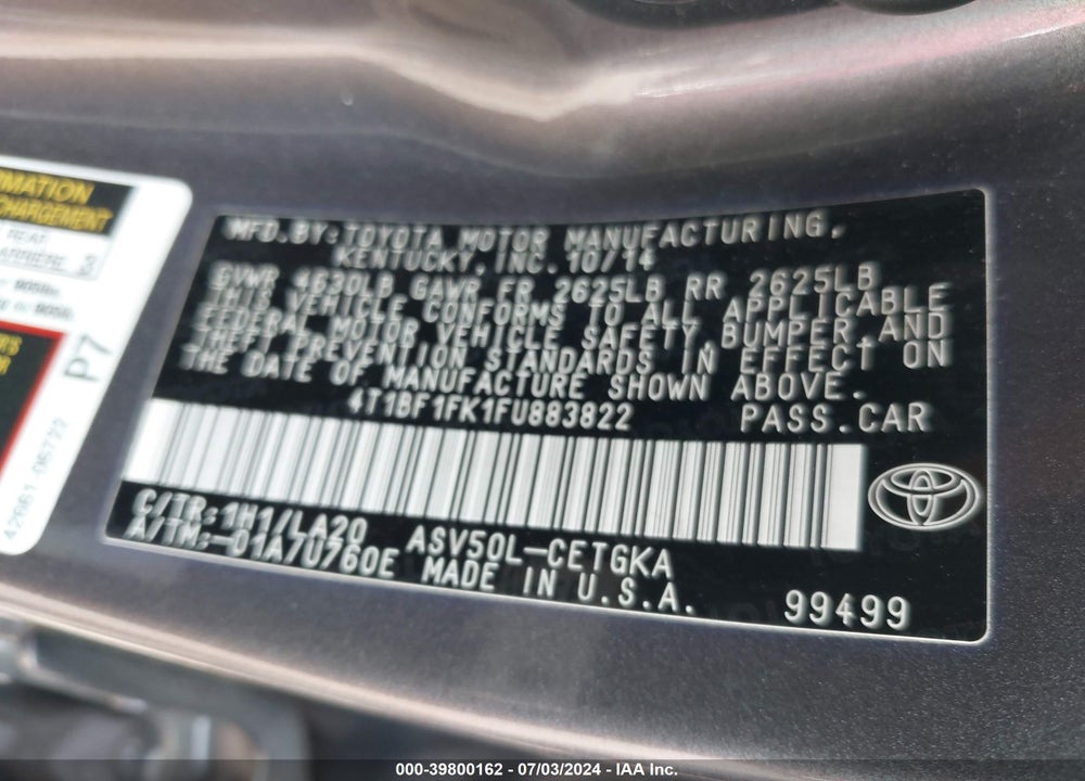 2015 TOYOTA CAMRY XLE VIN: 4T1BF1FK1FU883822