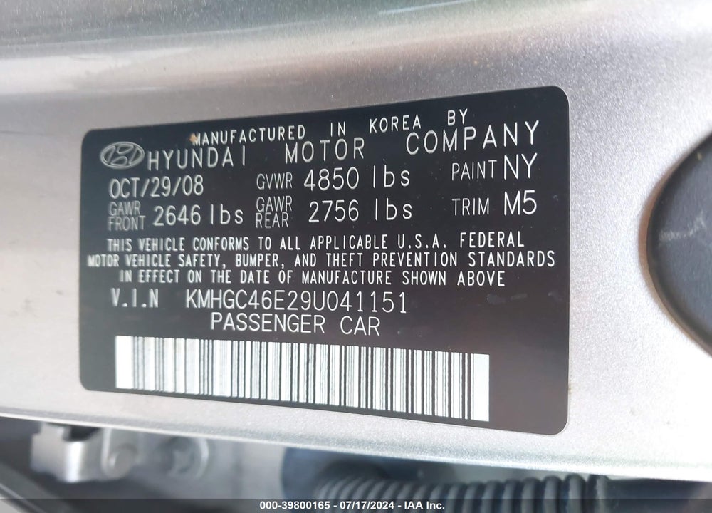 2009 HYUNDAI GENESIS 3.8 VIN: KMHGC46E29U041151