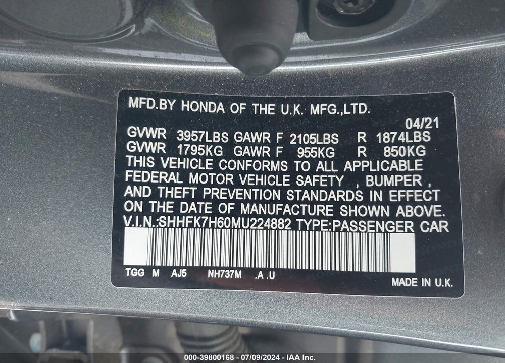 2021 HONDA CIVIC EX VIN: SHHFK7H60MU224882