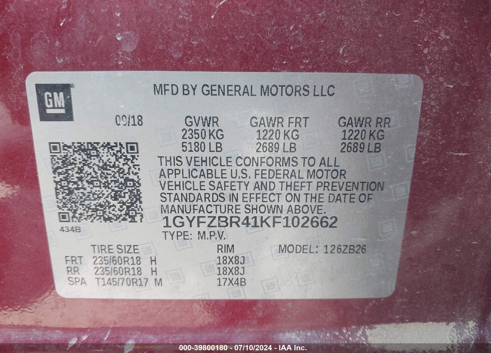 2019 CADILLAC XT4 LUXURY VIN: 1GYFZBR41KF102662