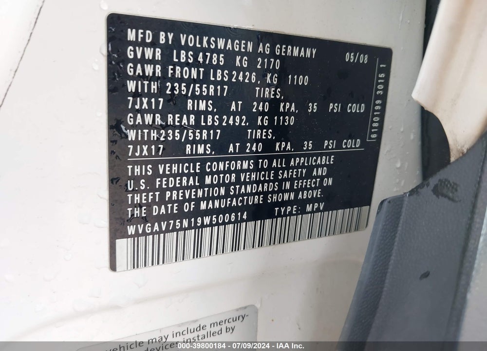 2009 VOLKSWAGEN TIGUAN S/SE/SEL VIN: WVGAV75N19W500614