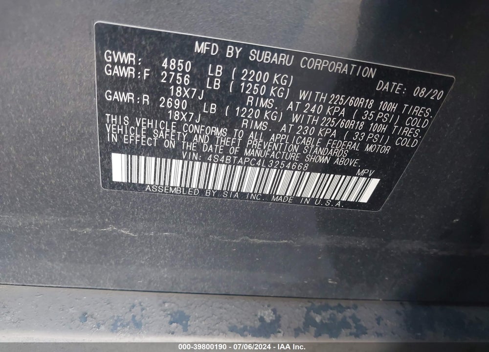 2020 SUBARU OUTBACK TOURING VIN: 4S4BTAPC4L3254668