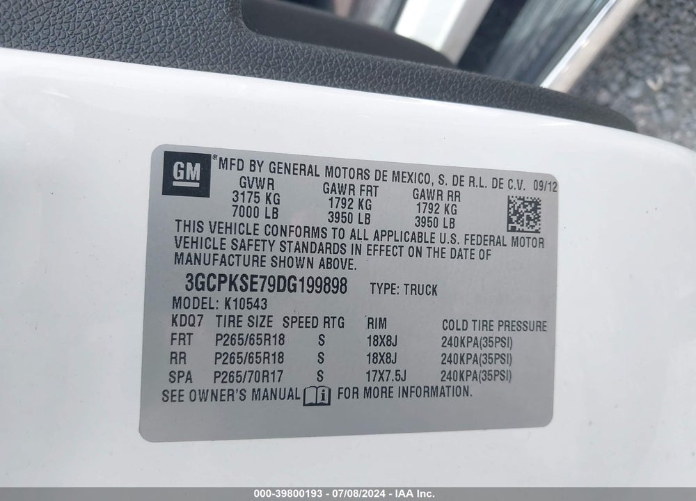 2013 CHEVROLET SILVERADO 1500 LT VIN: 3GCPKSE79DG199898