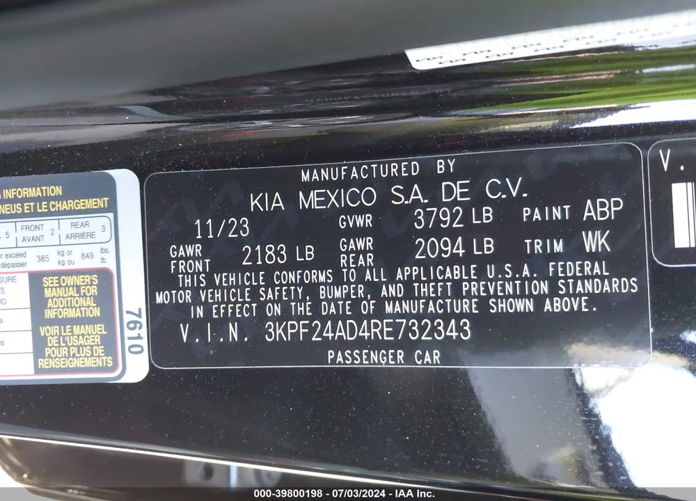2024 KIA FORTE LXS VIN: 3KPF24AD4RE732343