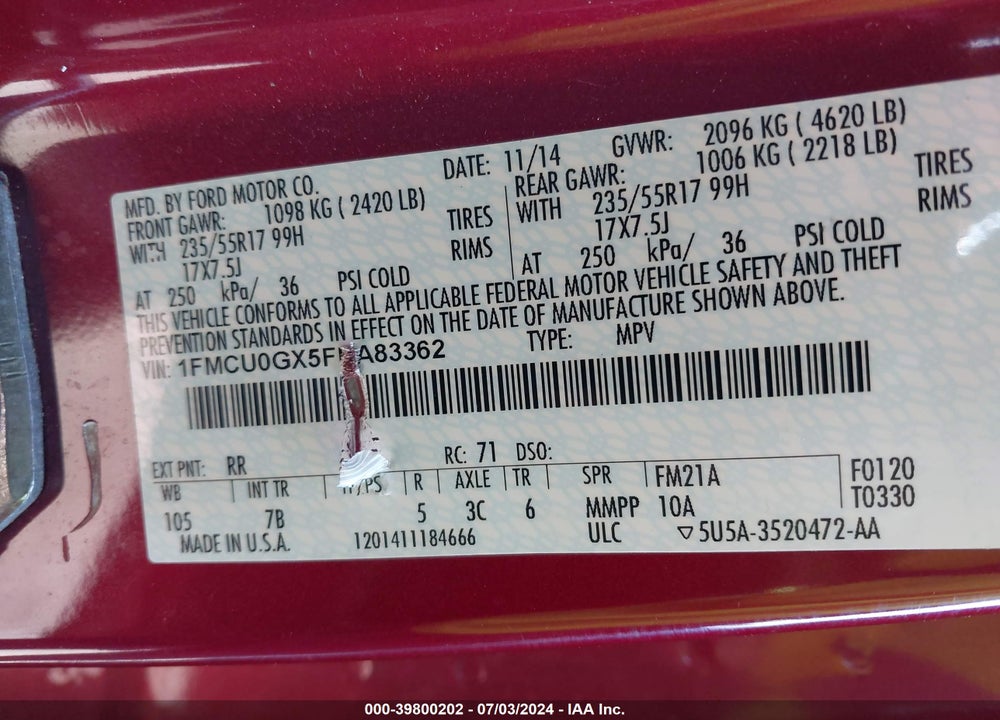2015 FORD ESCAPE SE VIN: 1FMCU0GX5FUA83362
