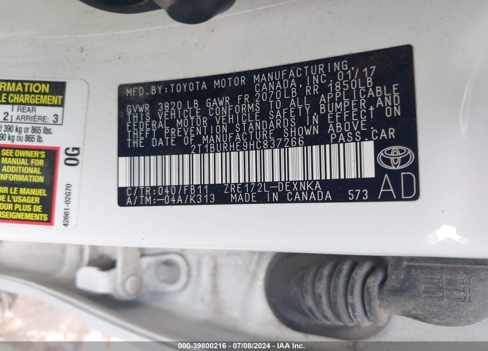 2017 TOYOTA COROLLA LE VIN: 2T1BURHE9HC837266