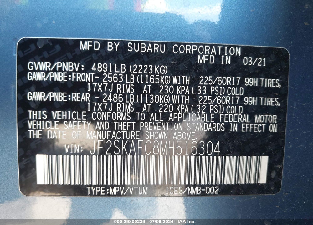 2021 SUBARU FORESTER PREMIUM VIN: JF2SKAFC8MH516304