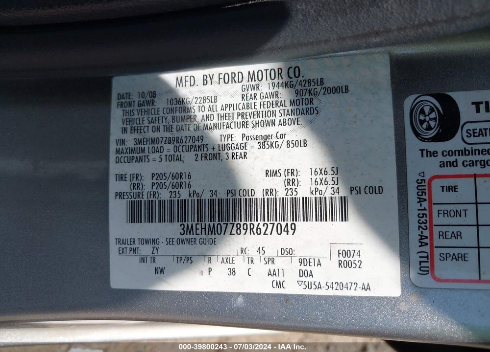 2009 MERCURY MILAN VIN: 3MEHM07Z89R627049