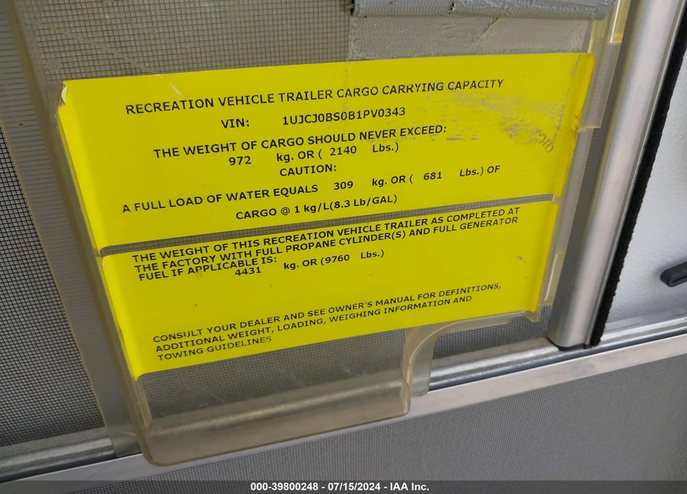 2011 JAYCO TRVTR VIN: 1UJCJ0BS0B1PV0343