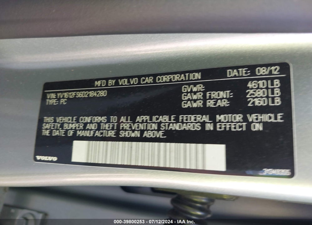 2013 VOLVO S60 VIN: YV1612FS6D2184280