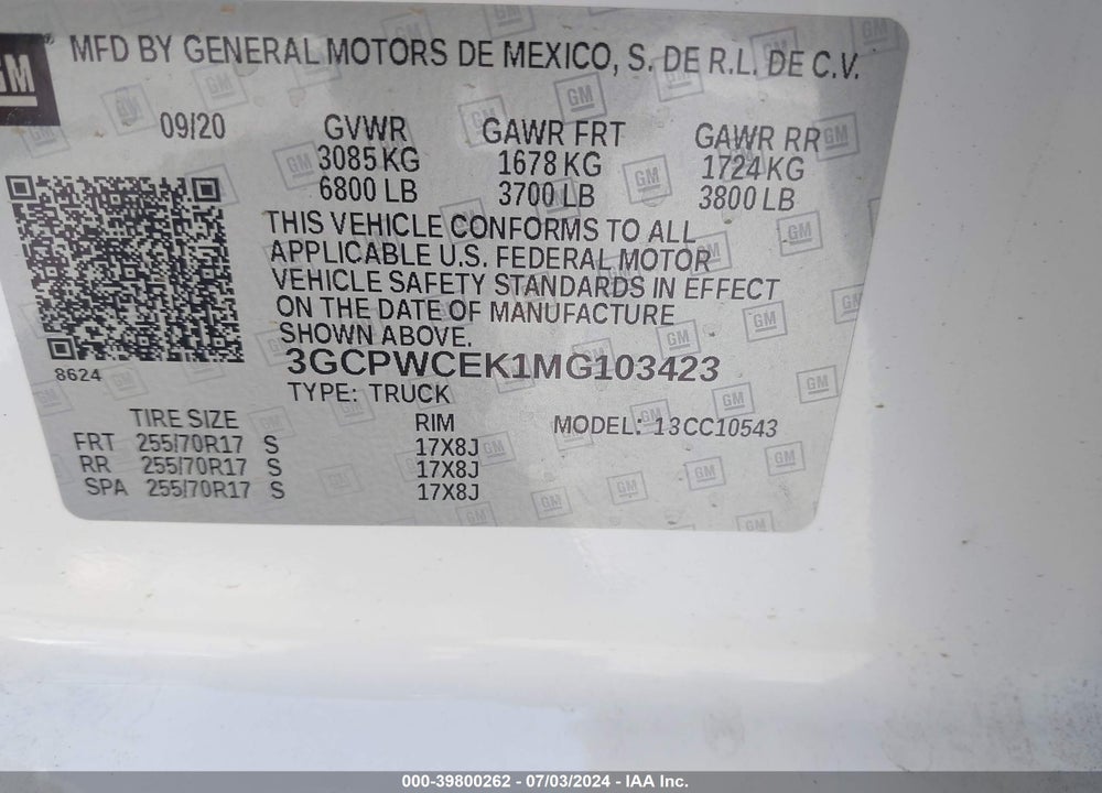 2021 CHEVROLET SILVERADO 1500 VIN: 3GCPWCEK1MG103423