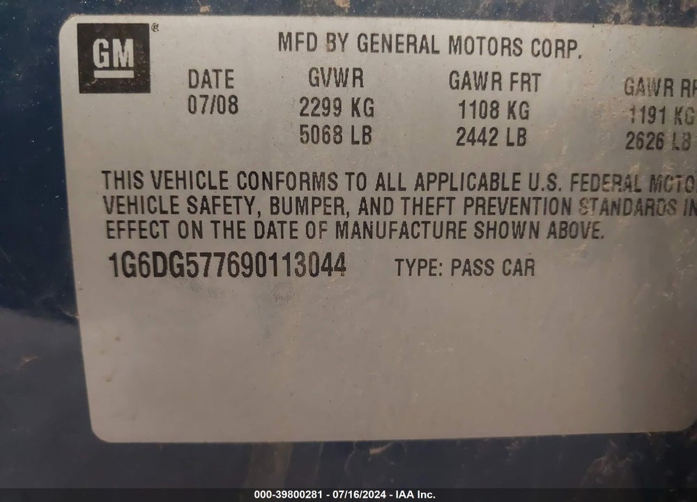 2009 CADILLAC CTS STANDARD VIN: 1G6DG577690113044