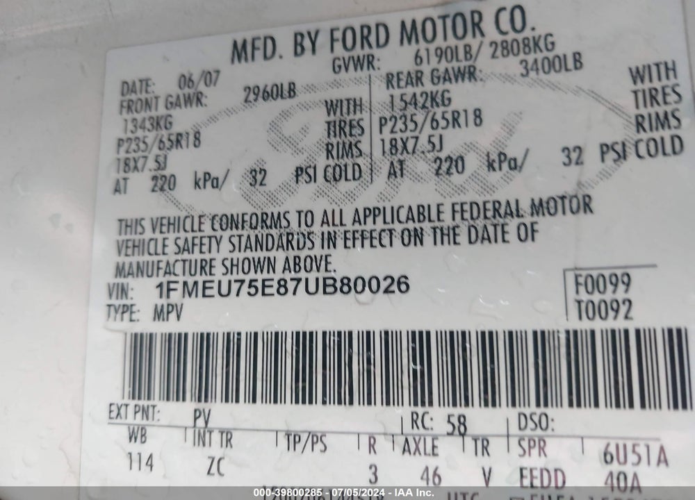 2007 FORD EXPLORER LIMITED VIN: 1FMEU75E87UB80026