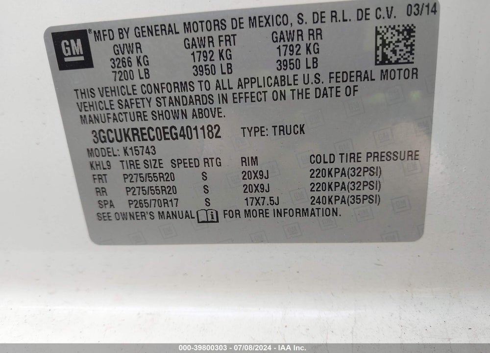 2014 CHEVROLET SILVERADO 1500 1LT VIN: 3GCUKREC0EG401182