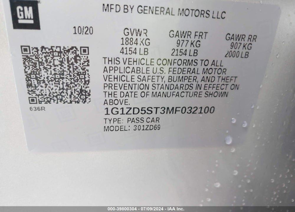 2021 CHEVROLET MALIBU FWD LT VIN: 1G1ZD5ST3MF032100