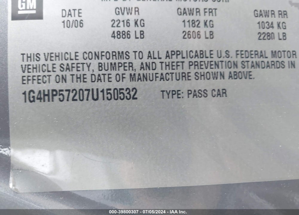 2007 BUICK LUCERNE CX VIN: 1G4HP57207U150532